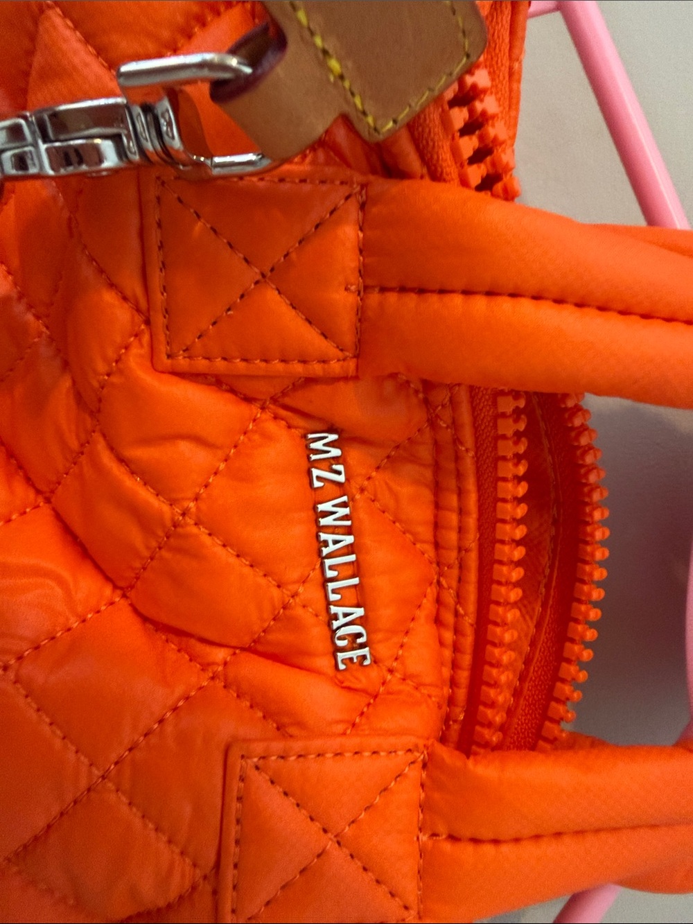 Bright Orange Quilted MZ Wallace Mini Bag with Hot Pink/ and Orange Strap - Picture 2 of 9